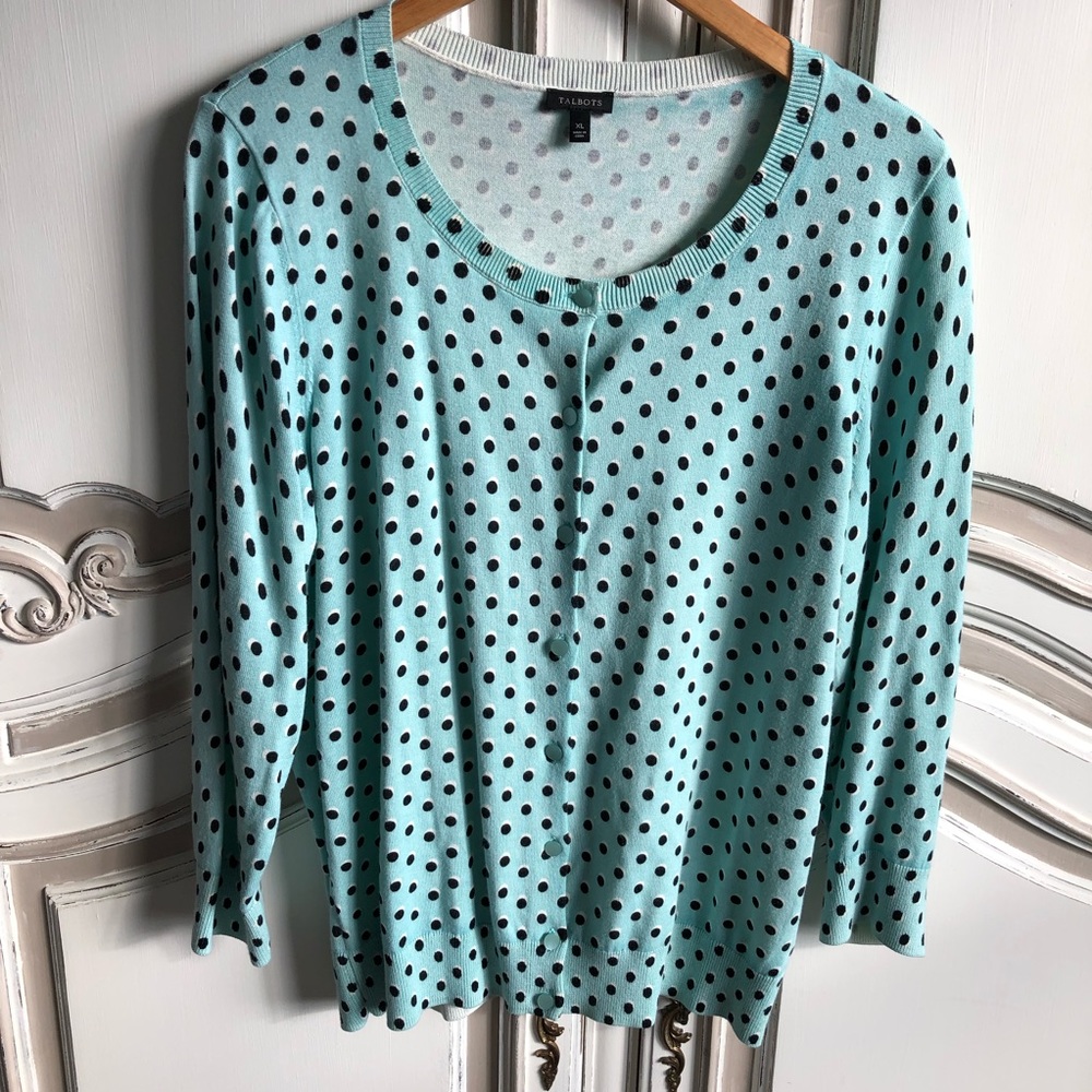 Talbots turquoise polka dot cardigan